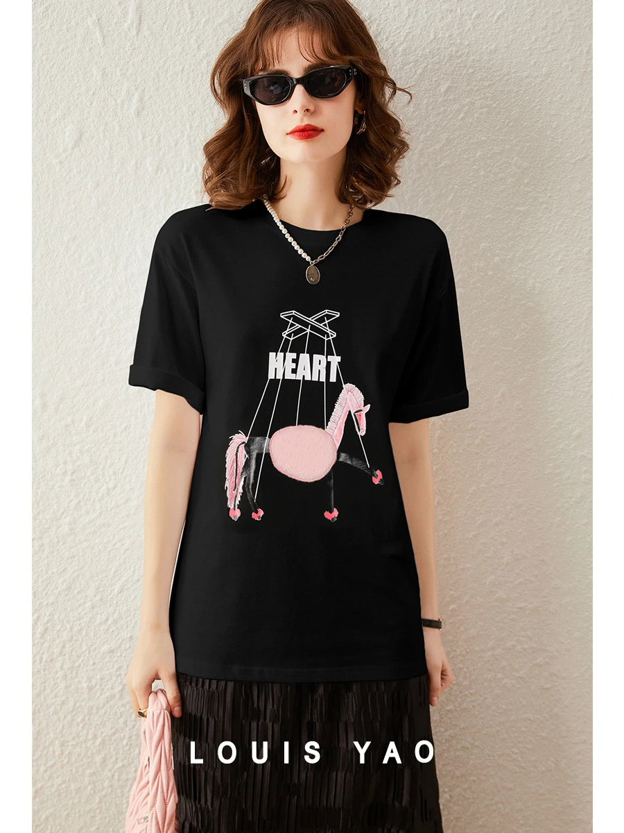 LOUIS YAO Women T-shirt 2024 Summer Cotton Tee Plush Print Loose O Neck Short Sleeve Cute Casual Pullover Tee Top