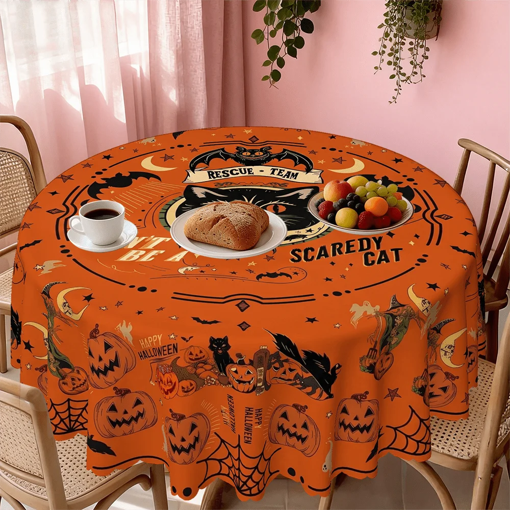 1pc Orange Bottom Black Cat Halloween Tablecloth, Bat and Moon Pattern, Halloween Gift, Suitable for Kitchen and Dining Room