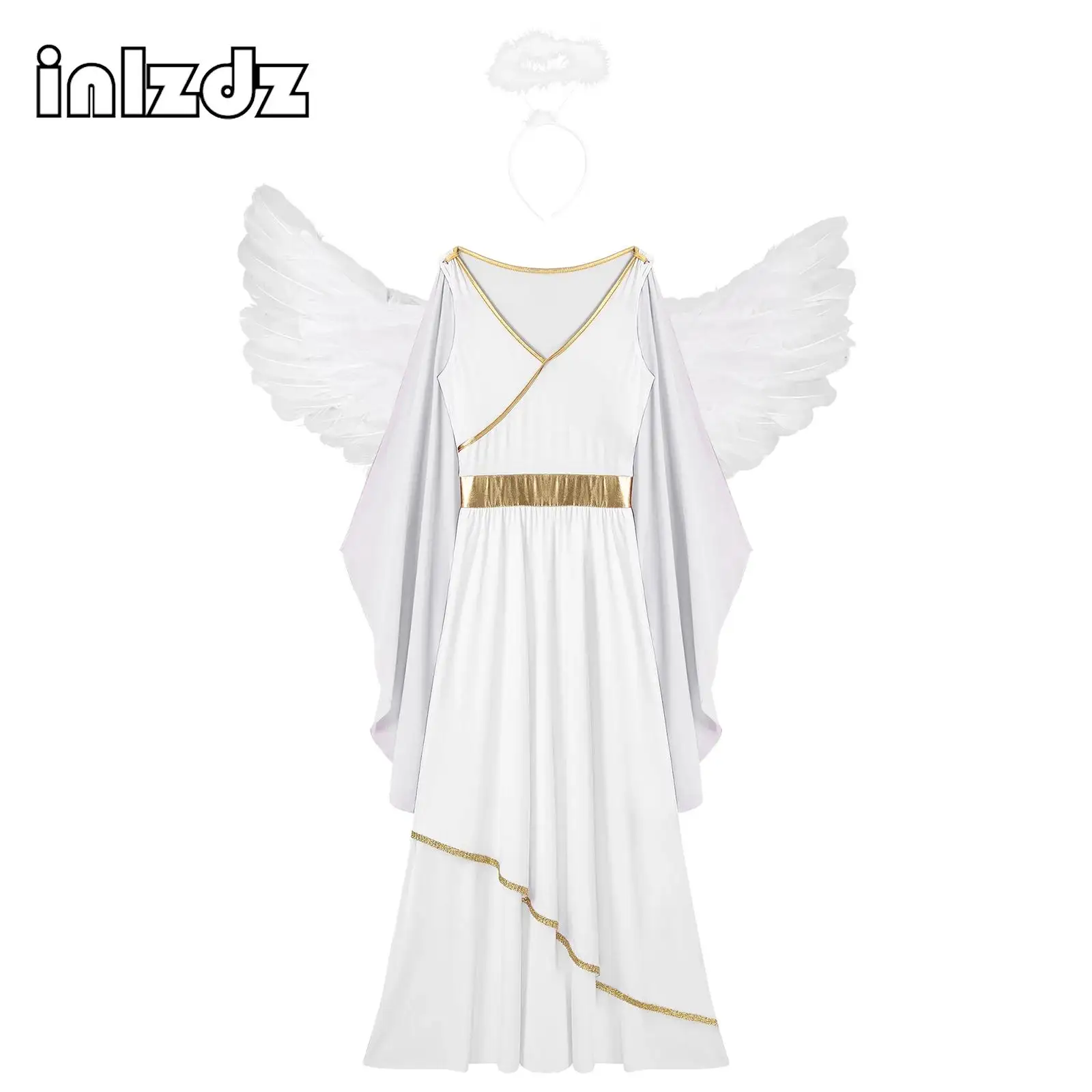 

Women Girls Paradise Angel Costume Outfits Halloween Theme Party White Greek Toga Dress with Wings Headband Dress Up Party Set