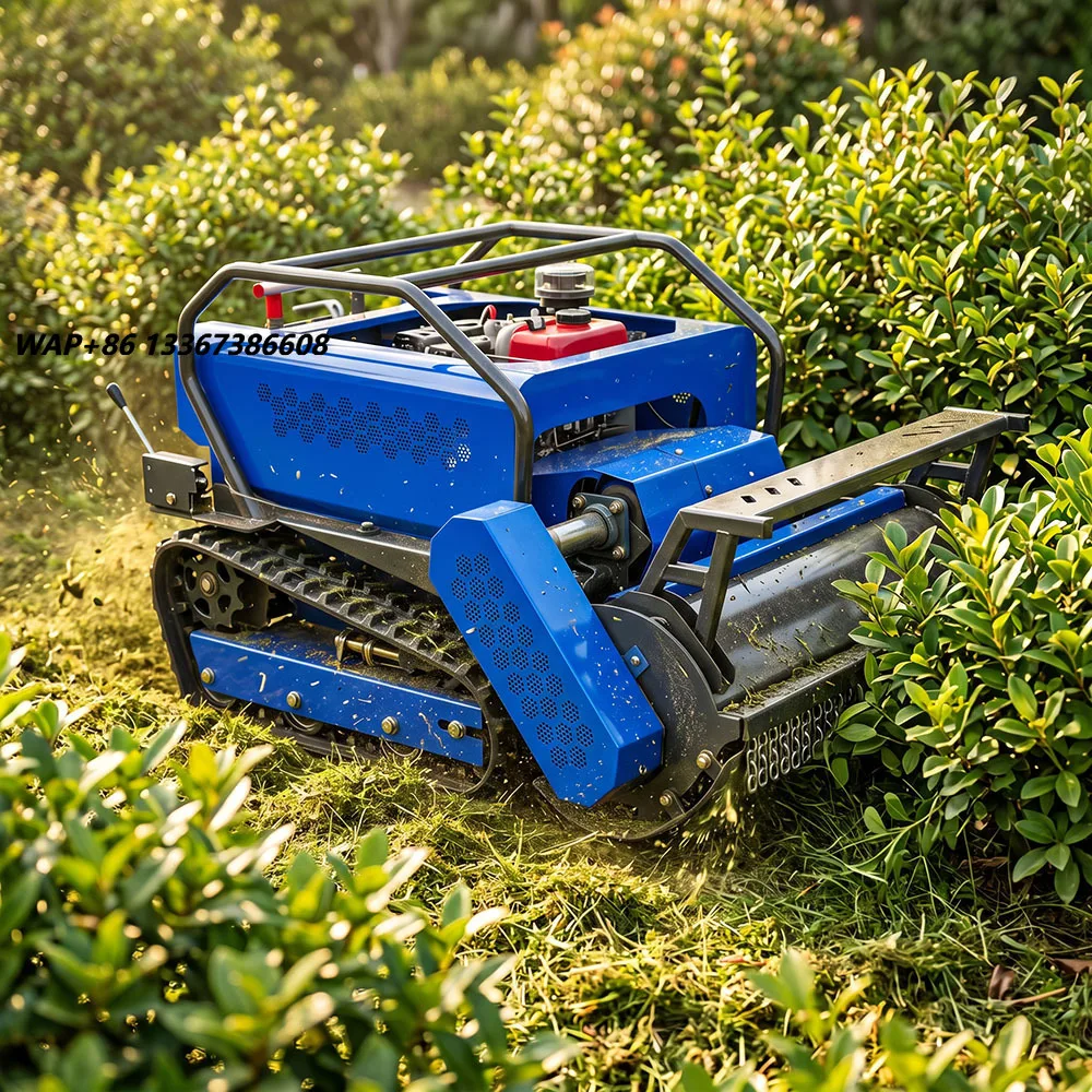 Remote   Lawn Mower with Dual-cylinder Engine for Cutting Shrubs on 55° Slopes with 27 Horsepower