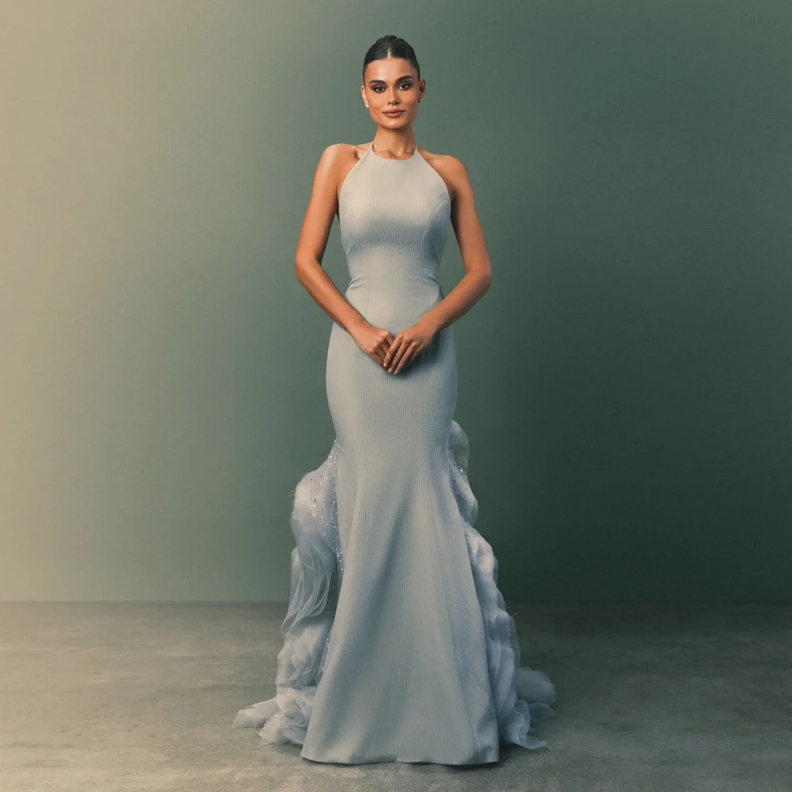 

Baby Sly Blue Ruffled Party Dress Beading Tierred Custom Elegant Layered Prom Gowns Sleeveless Gorgeous Maxi Dresses Backless