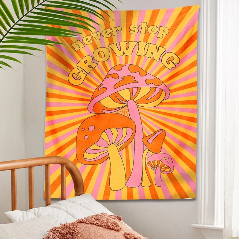 Mushroom Tapestry Retro Art Wall Decor Hippie Groovy Colorful sun rainbow Never Stop Growing Home Decor Print