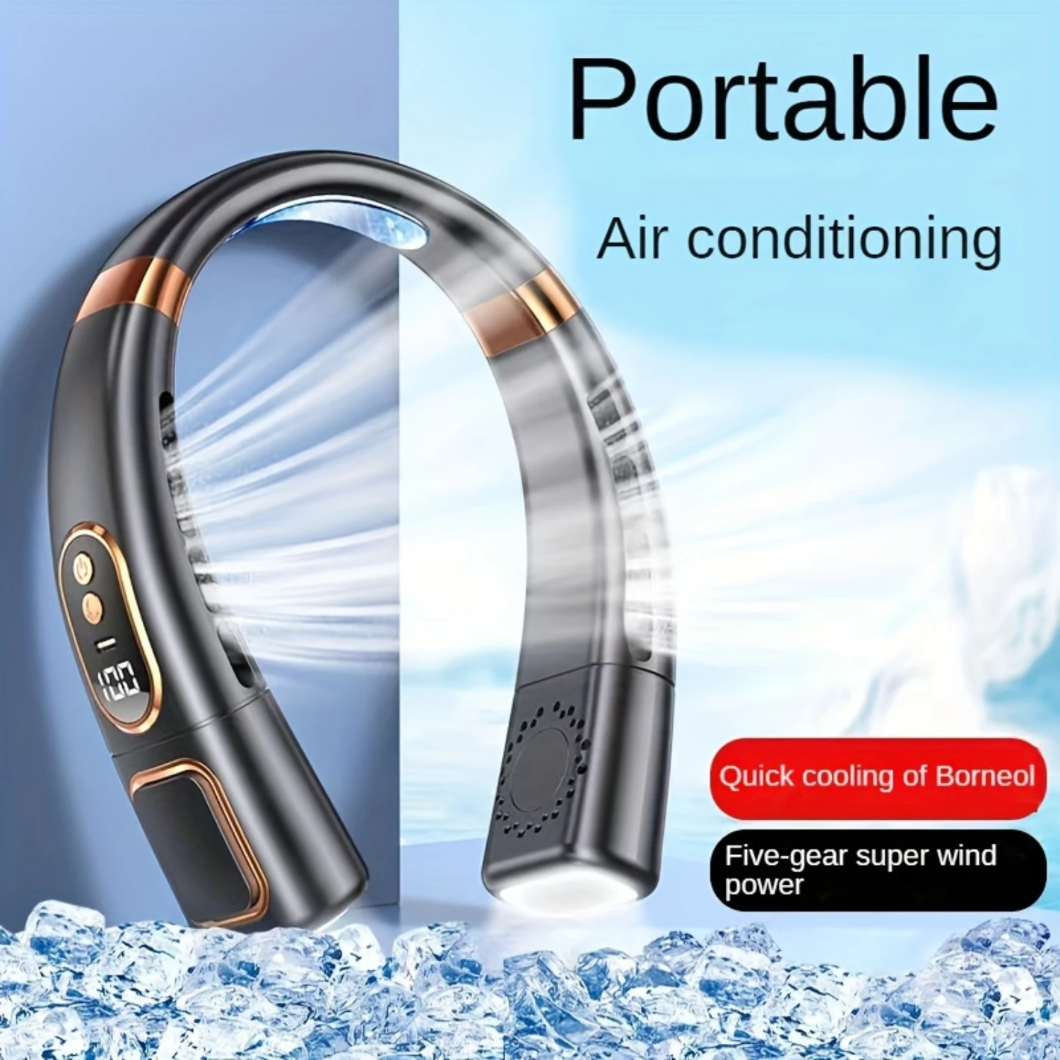 USB neck fan, air conditioner fan, portable fan, silent continuous operation without heat, with display screen, 5-level air cool