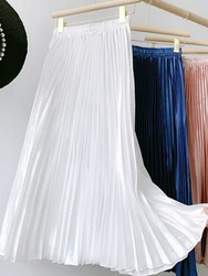White Pleated Skirt Women Autumn Long Skirts Female Vintage Casual Elastic Waist Skirt Elegant Loose Solid Color A Line Skirts