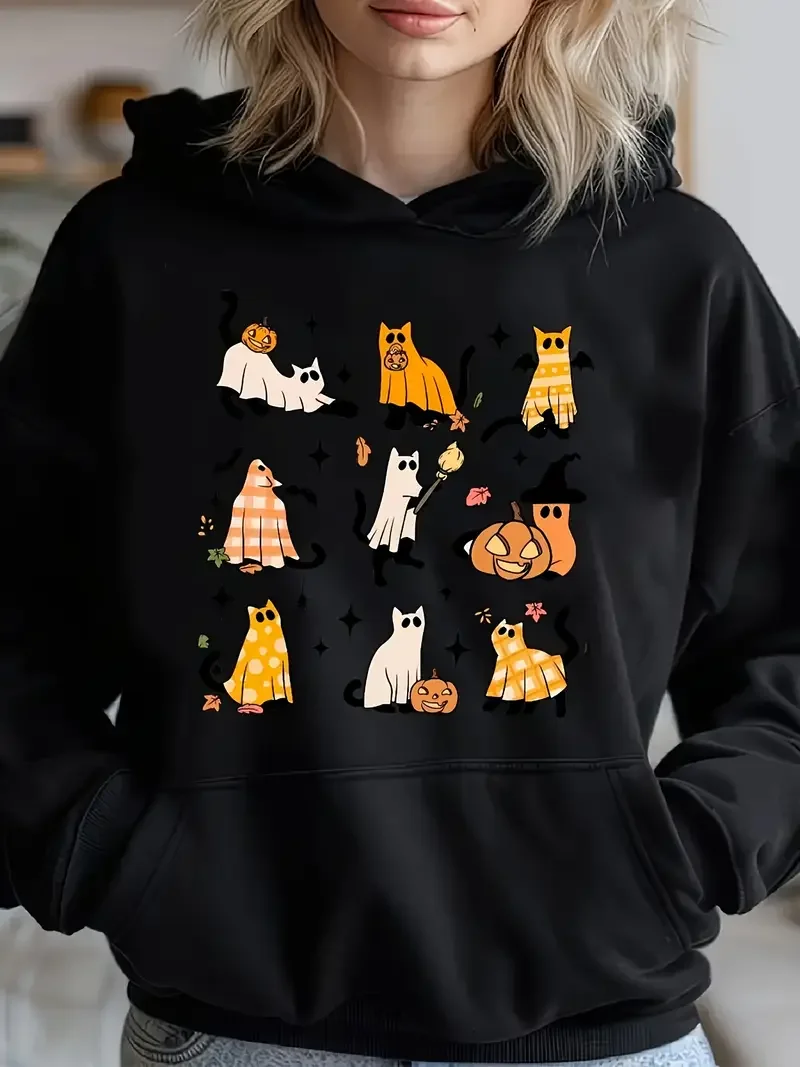 

Толстовка с карманом-кенгуру и принтом Ghost Cat, повседневная толстовка с длинными рукавами и шнурком, женская одежда K Pop Demon Hunter