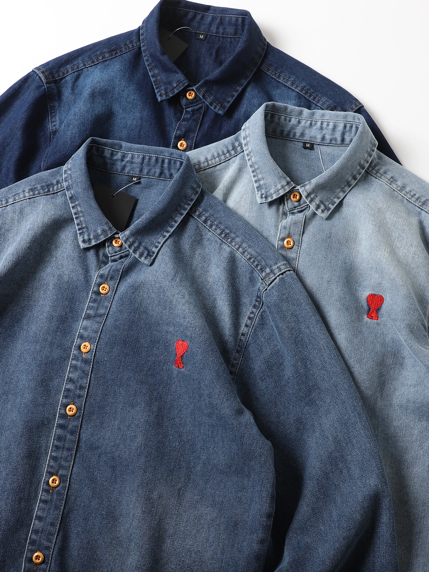 

Retro American Khaki Waed out Jeans irt Men's Casual Sle Long Sve Cotton Polyester Blend Resistant to Deformation