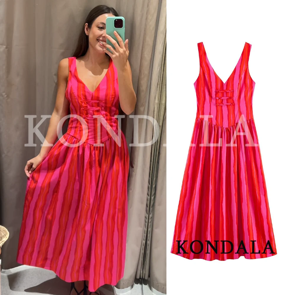 KONDALA Women Elegant Holiday Contrasting Striped Cami Dress Chic Rope Buttons V-Neck Midi Dress 2026 Summer Trendy Party Dress