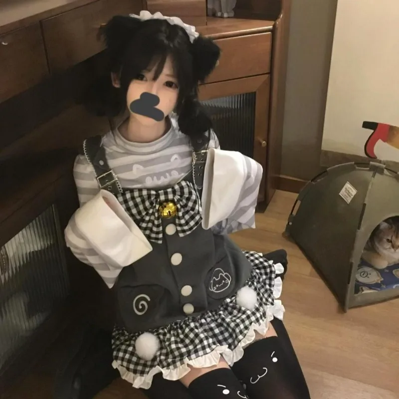 

Summer Sweet Cute Black White Plaid Bow Strap Dress+ Y2k O-neck Long Sleeve Striped Bottoming Top for Women Two Piece Sets