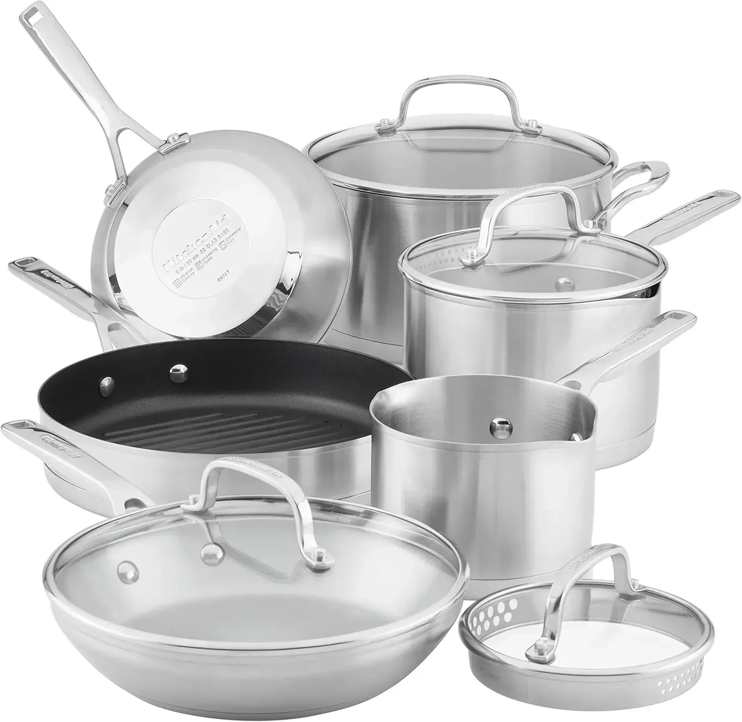 3-Ply Base Stainless Steel Cookware Pots and Pans Set, 10 Piece, Brushed Stainless