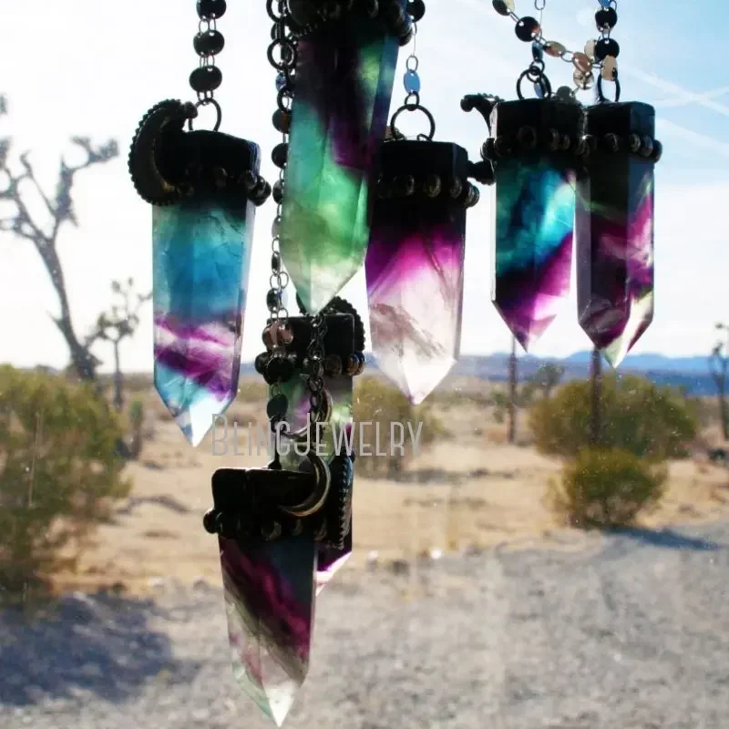 10pcs Witchcraft Accessory Rainbow Fluorite Tower Aesthetic Necklace Aqua Blue Crystal Crescent Moon Pyrite Halloween Jewelry