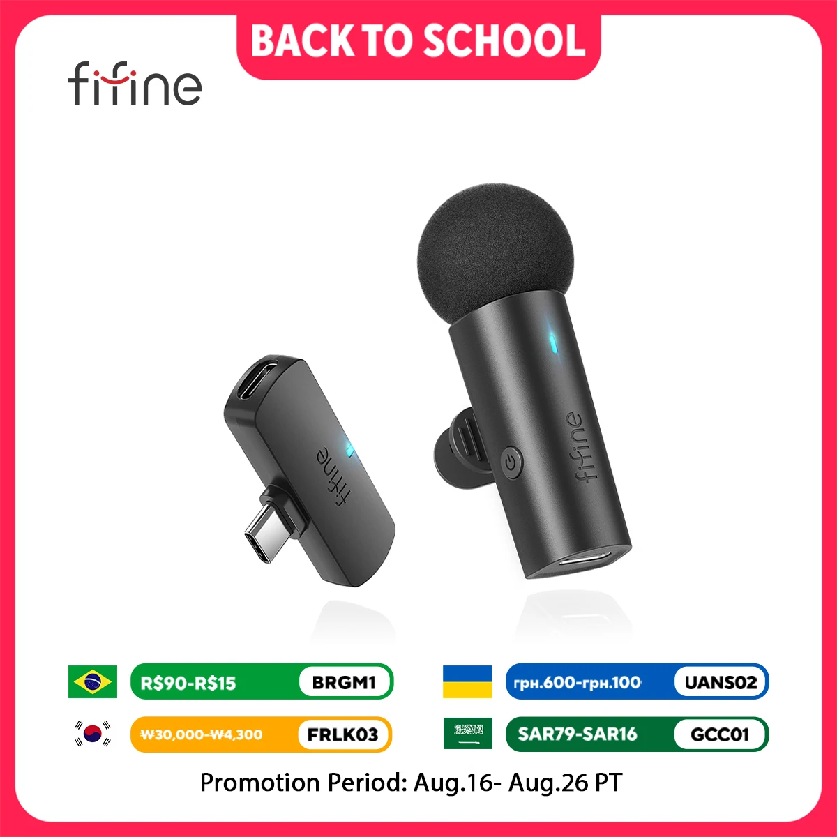 FIFINE-Microfone Lavalier Sem Fio, Condensador Tipo C, Mini Microfone para Telefone, Tablet, Vídeo, Entrevista, Vlog, YouTube, Gravação, M6