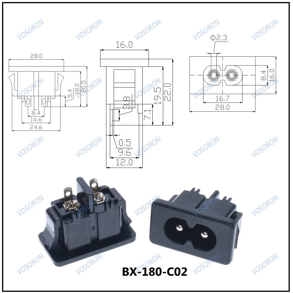 10Pcs AC250V 2.5A IEC320 C8 Male 2 Pins Black Power Inlet Socket Panel Embedded