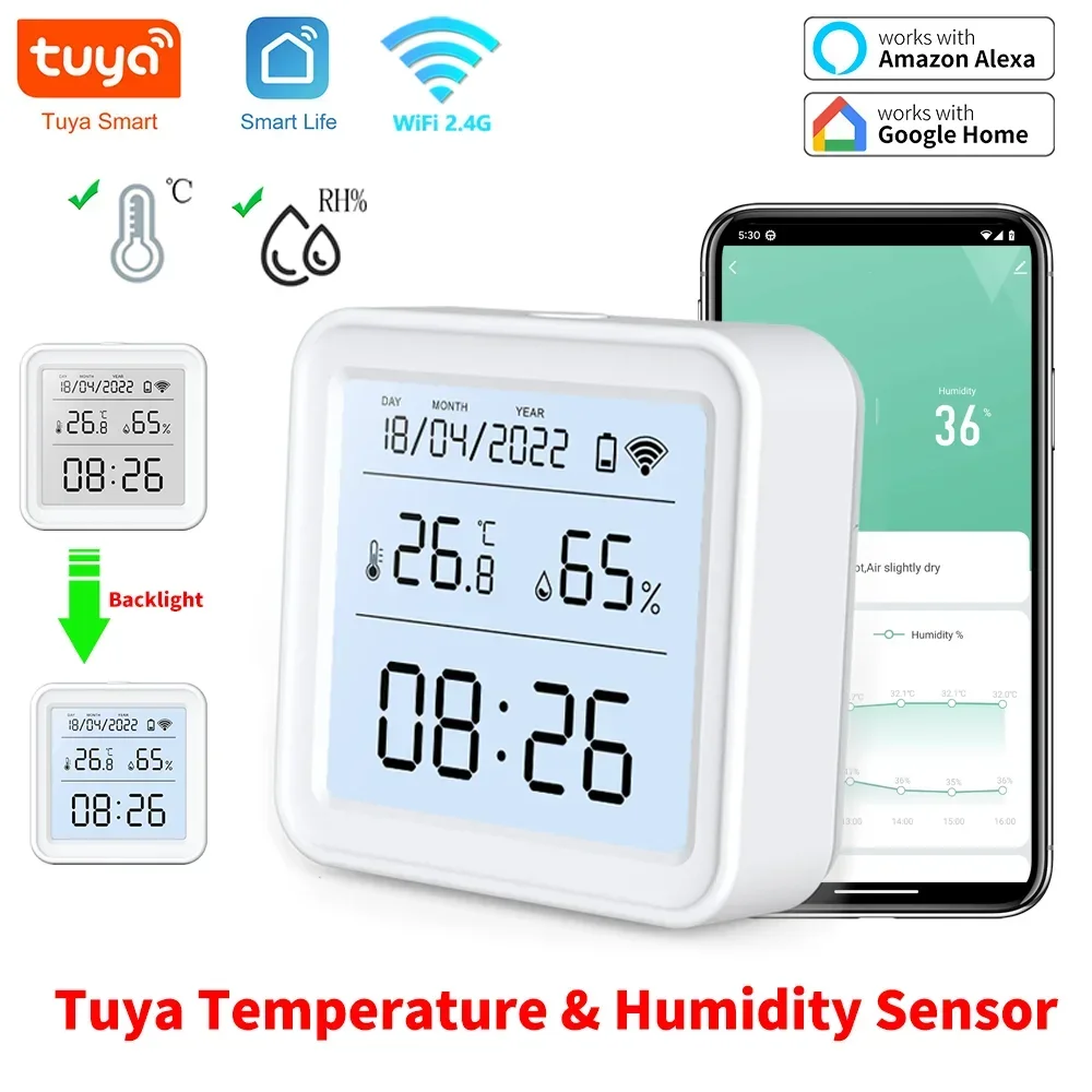 Tuya Sensor Kelembaban Suhu WiFi, lampu latar hidup pintar Sensor termometer mendukung Alexa Google Home Assistant