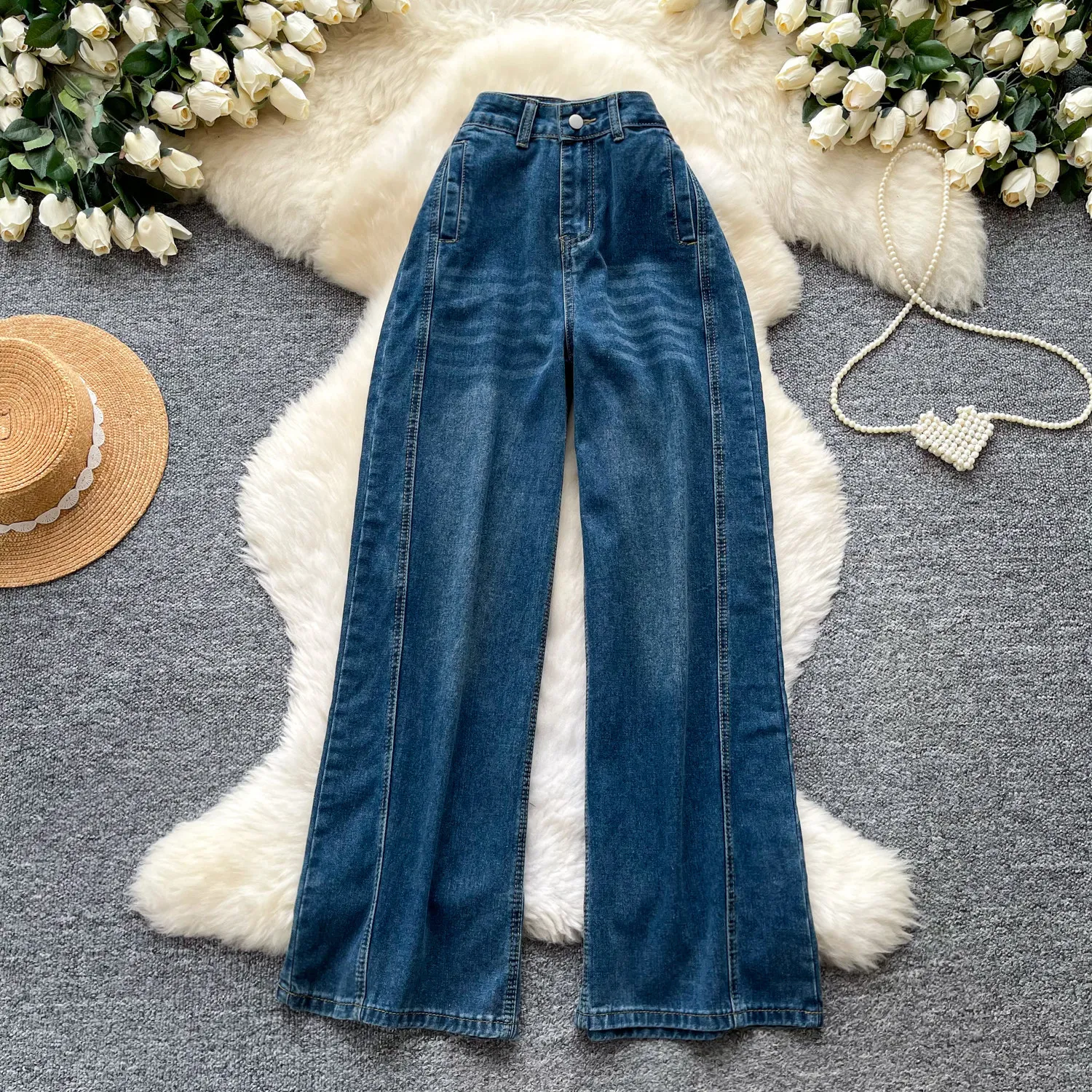 

Denim Pant Women Jeans Vintage Long Pants Slim Fit High Waist Straight Trousers Y2k Streetwear Elegant Splice Work Casual 2026