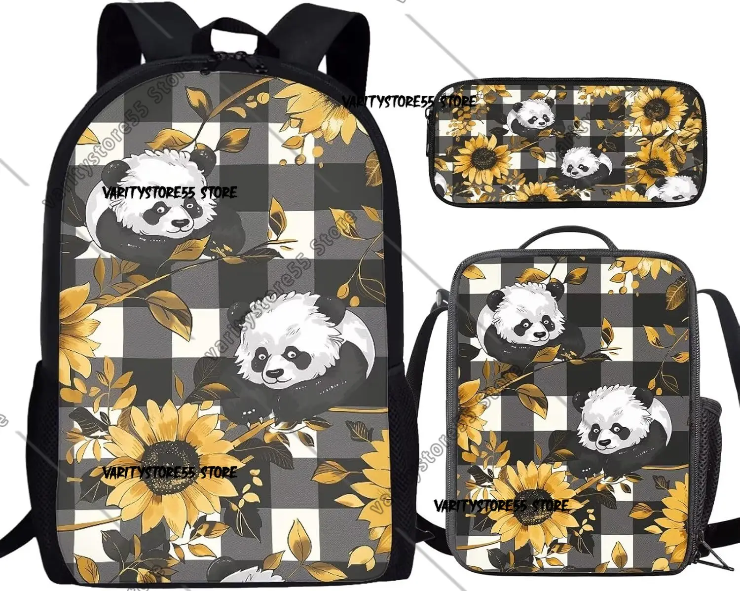 Black White Panda Sunflower Leaf Lattice Backpack Student School Bag Laptop Shoulder Bags 3ps Insulated Lunch Bag Pencil Case
