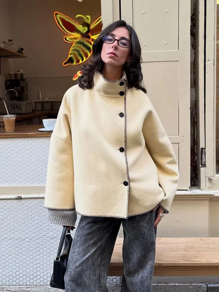 

HH женское осеннее модное свободное пальто женское повседневное пальто с длинным рукавом водолазка однобортное украшение однотонные куртки в уличном стиле