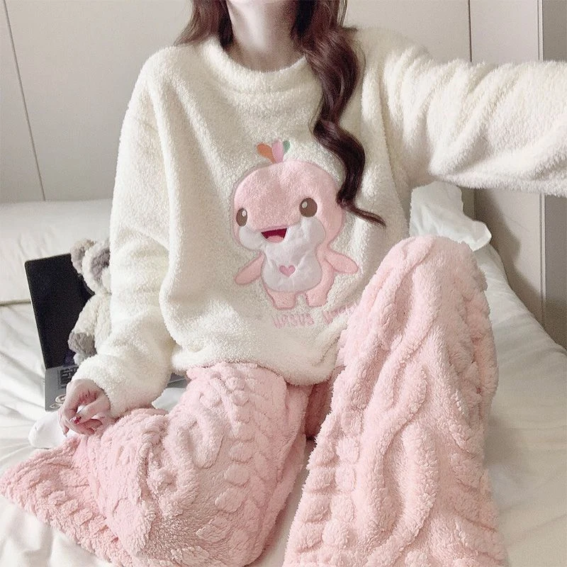 

New Winter Long Sleeve Thick Warm Flannel Pajama Sets for Women Korean Cute Cartoon Coral Fleece Sleepwear Homewear Home Clothes