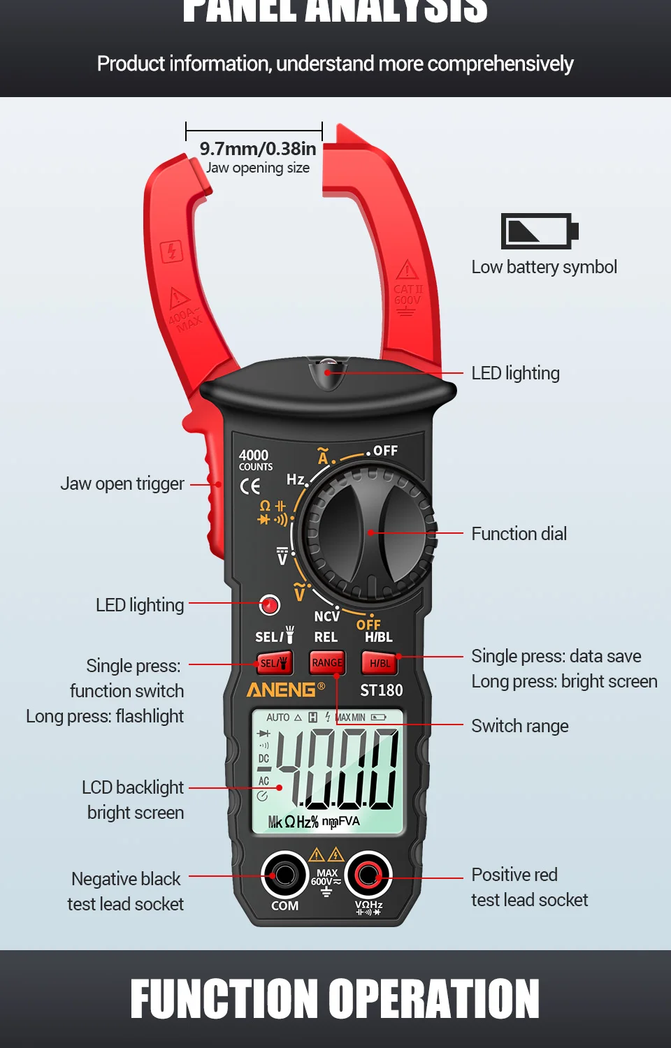 ANENG ST180 + B15 Zangenmessgerät, Tester, Stiftanzug, 4000 Zählungen, Multimeter, 30–1000 V, Spannungsdetektor, Messgerät, Diagnose-Haltepunkt-Finder – Detail 6
