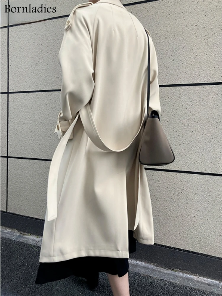 Bornladies 2022 Autumn Oversized Women Trench Coat Elegant Full Sleeve Belted Female Overcoat Double-breasted Long Women Jacket