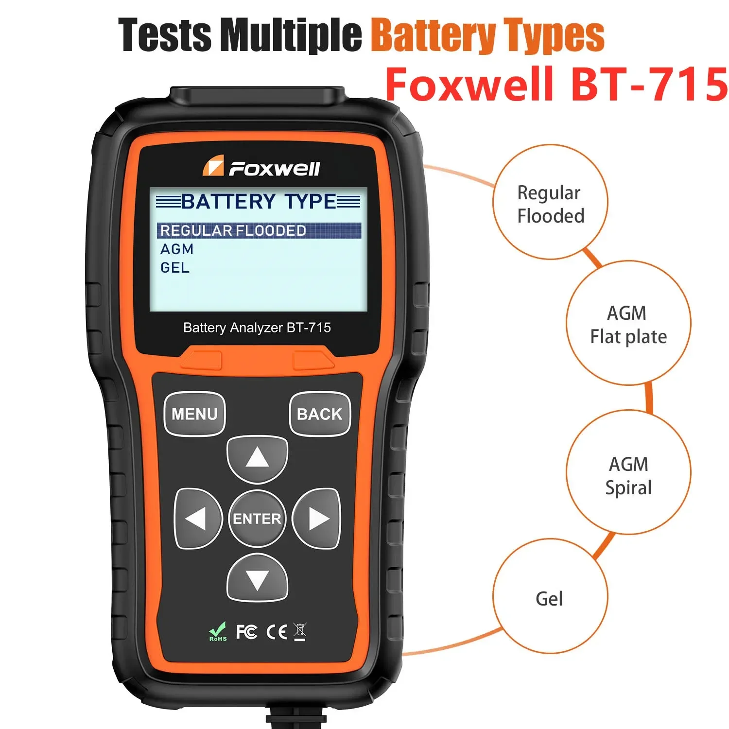 Foxwell BT-715 Car Battery Analyzer 12V & 24V AGM / EFB Flat Plate Battery Tester BT715 Multi-Language Replaced Foxwell BT-705