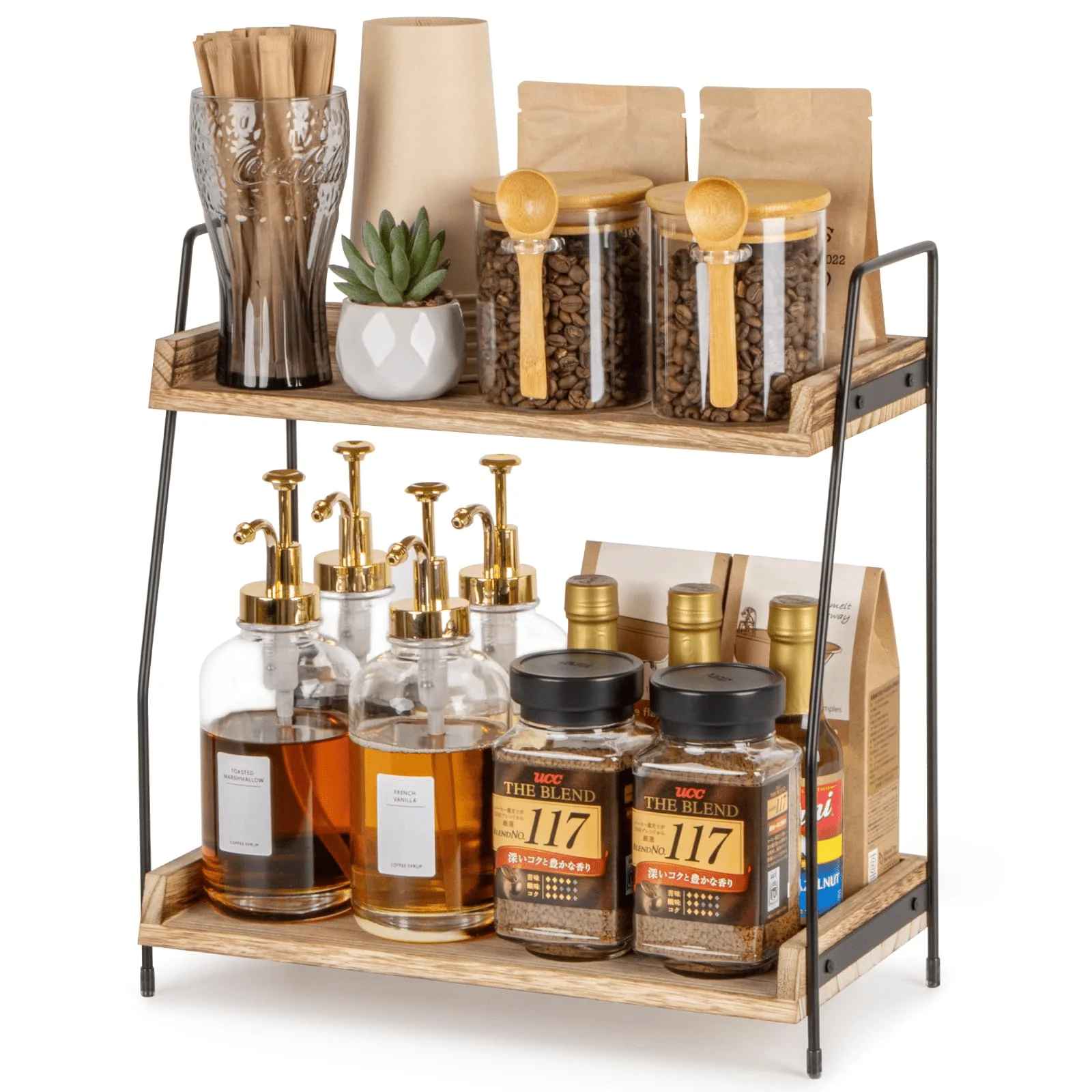 1pc Countertop Coffee Station Organizer, 2 Tier Wooden Shelf For Coffee Bar Accessories, Condiment Storage Caddy For Kitchen, Home, Office
