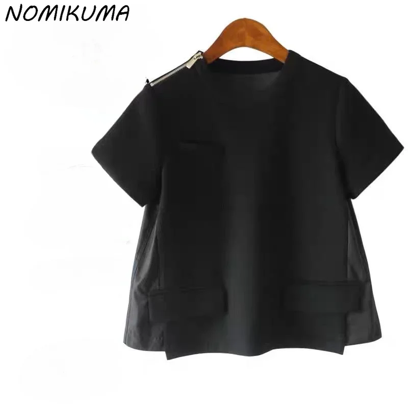 Nomikuma Fashion Patchwork Sweet Woman Doll Shirt Causal Zipper O-neck Short Sleeve Graphic Tees 2023 Summer New Chic Tops