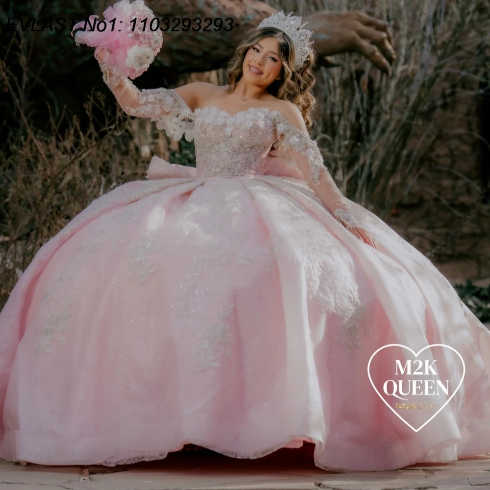EVLAST Vestido de Quinceañera Mexicano Rosa Personalizado, Vestido de Gala con Apliques de Encaje, Cuentas y Lazo Grande, Vestidos de 15 Años AQ280