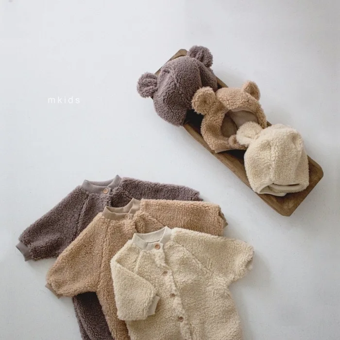 Baby Fleece Lined Button Knit Romper Korean Style Infant Autumn Winter Warm Outfit Boys Girls Polar Fleece Jumpsuit Outwear