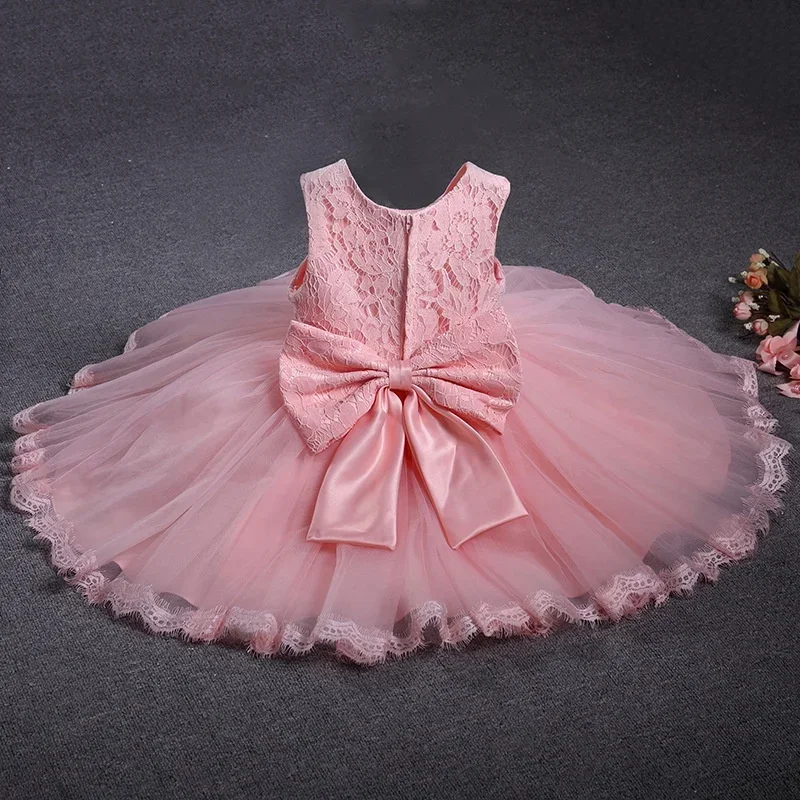 2024 Infant Baby Girls Flower Dress White Christening Gowns Newborn Babies Baptism Clothes Princess Tutu Kids Birthday Bow Dress