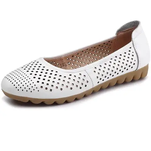 GKTINOO White Genuine Leather Ladies Breathable Summer Shoes Women Flats Slip-On Loafers Round Toe Soft Flat Shoes Casual