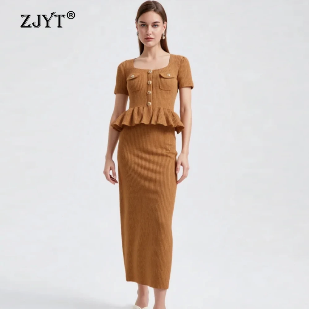 

ZJYT Fashion Summer Long One Piece Knit Dresses for Woman 2026 New Short Sleeve Ruffles Slim Fitted Party Dress Sweaters Lady