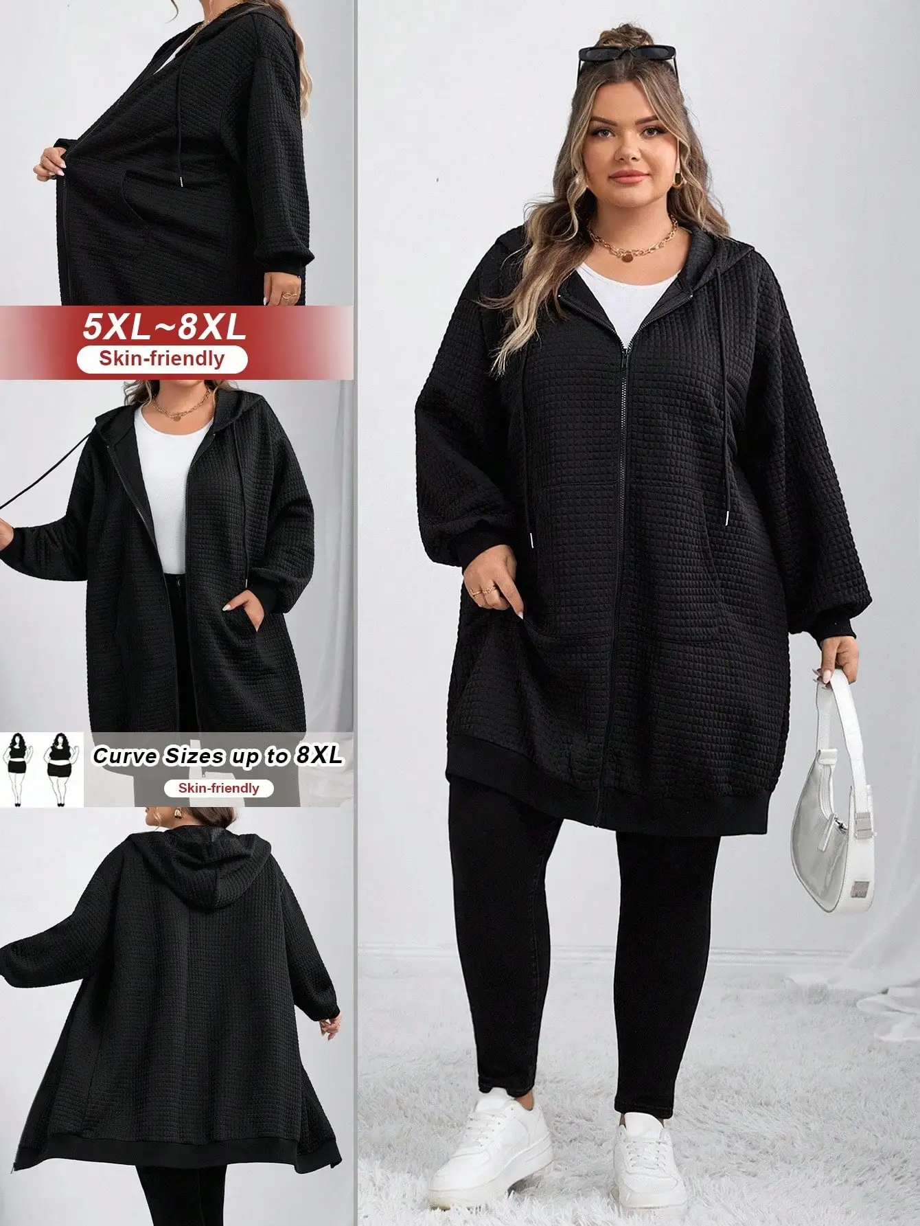 

Толстовка-худи оверсайз из вафельного трикотажа с передними карманами, удлиненная на молнии, для осени и зимы