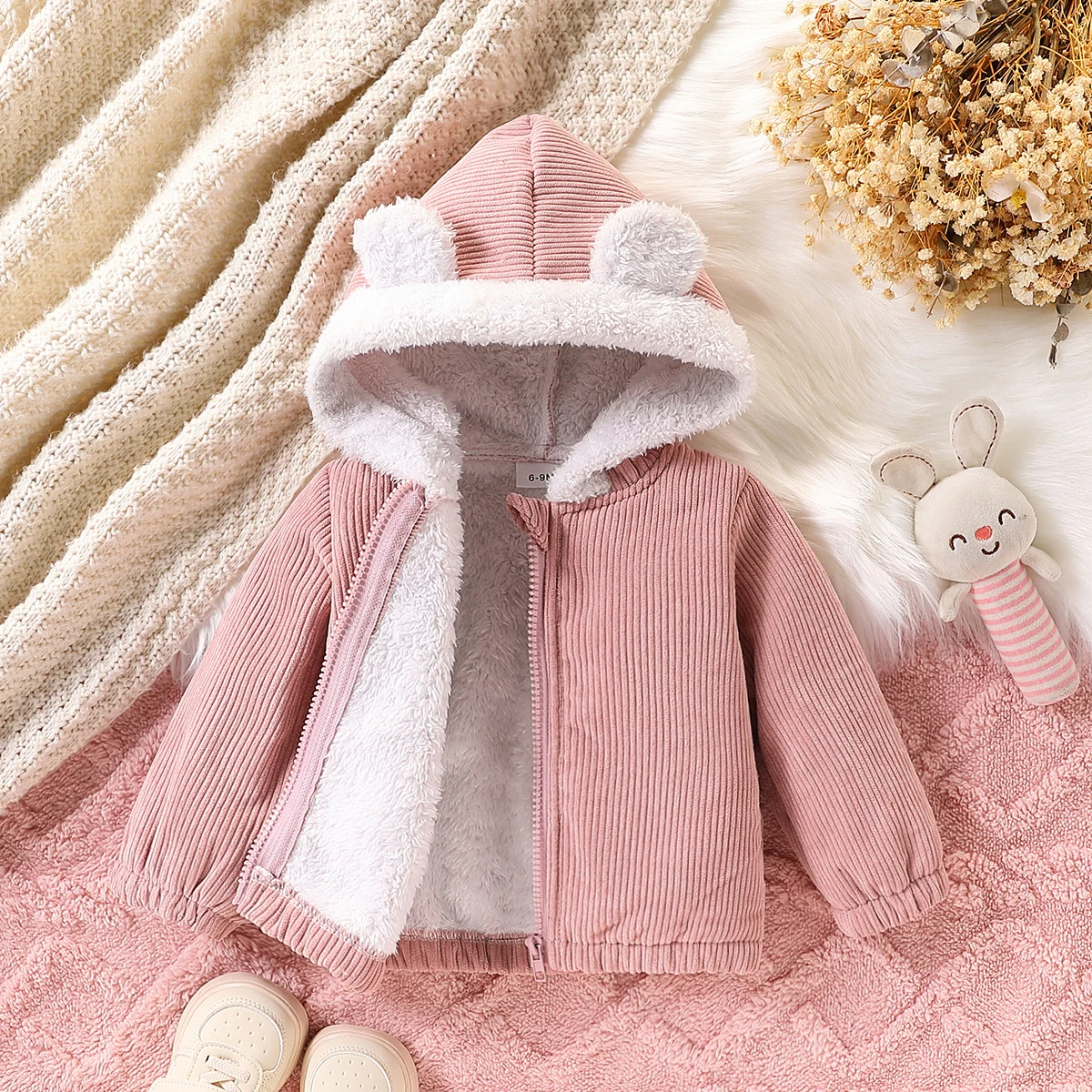 Lässige süße Cord-Verbund-Plüschstoff-Reißverschluss für Babys, vollständig offene, verdickte Langarmjacke mit Kapuze für Herbst und Winter
