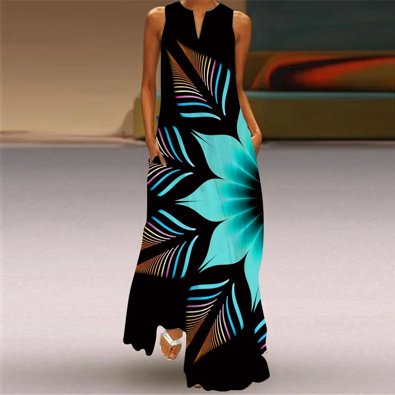 Fashionable And Elegant 3D Colorful Flower Print Party Maxi Dress For Summer V-neck Elegant And Sexy A-line Beach Maxi Dress