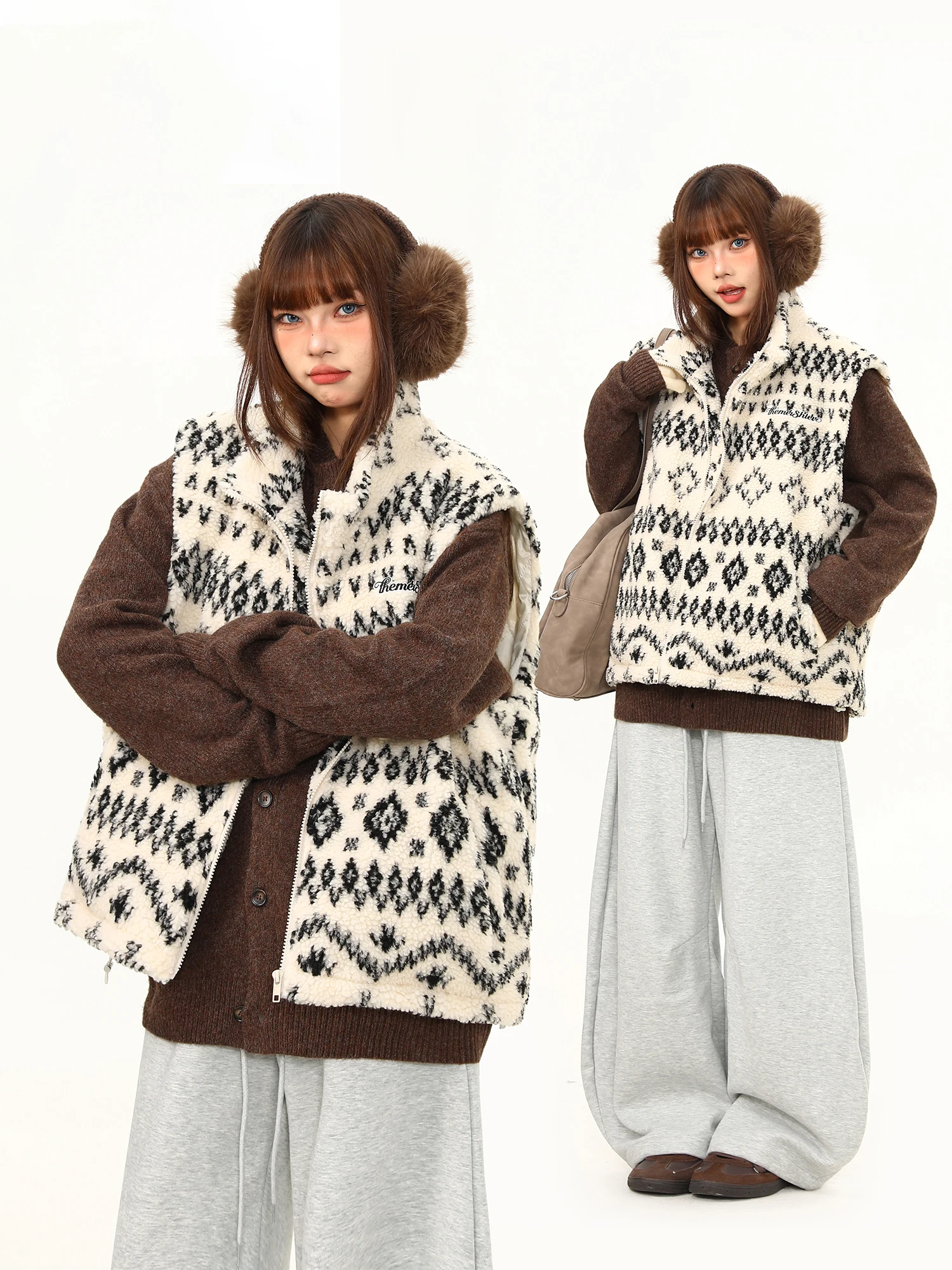 

Женский хлопковый жилет в стиле ретро Wild American с узором Fair Isle, с воротником-стойкой, зимний, уютный, модный, уличный стиль, теплый