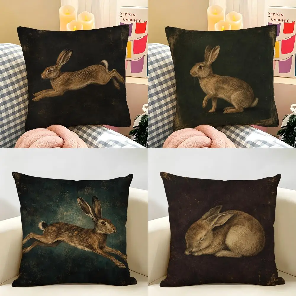 Vintage Leaping Rabbit Cushion Cover Natural Linen Organic Fabric Double-Sided Printing Breathable Perfect For Home Decor