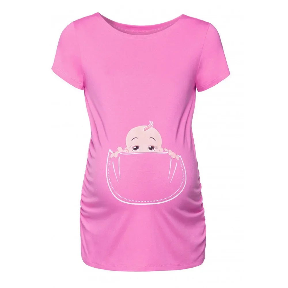 2024 New Summer Plus Size M-2XL Pregnancy Cartoon Tee Baby Print Staring Women Maternity Pregnant Short Sleeve T-shirt Funny Top