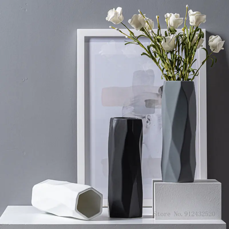 Modern Simple Ceramic Vase Home Table Decor Living Room Decor Flowers Water Flower Arrangement Black, White, Gray Geometric Vase