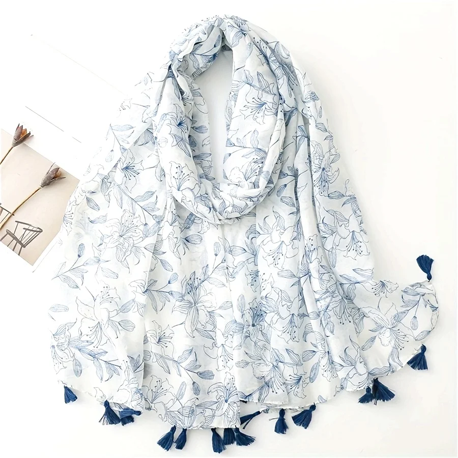 New Spring/Summer Women's Soft Romantic Fresh Light Blue Floral Pattern Tassel Scarf Fashionable Shawl Travel Beach Towel