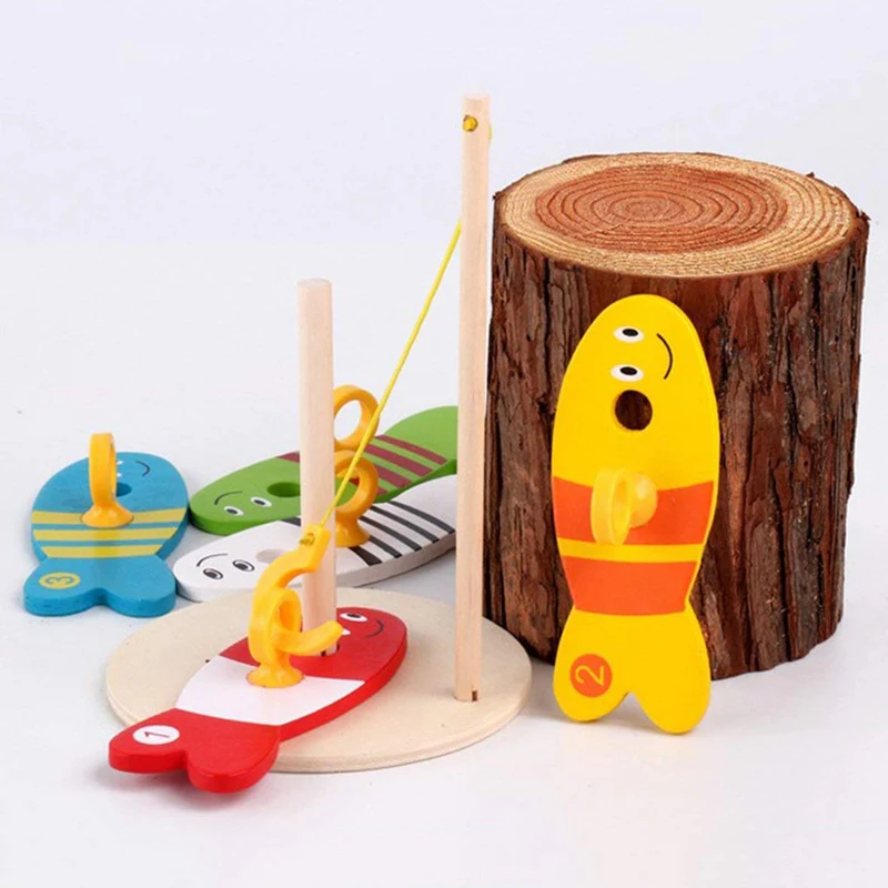 8Pcs/Set Wooden Fishing Digital Toys Baby Kids Fish Set Column Blocks Game Children Cute Early Educational Cartoon Toy