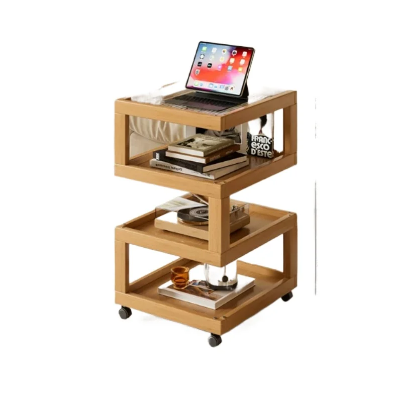Rotating Side Table Multi-Tier Bamboo Frame Fluted Glass Locking Casters Living Room Sofa End Table Mobile Storage Rack Modern