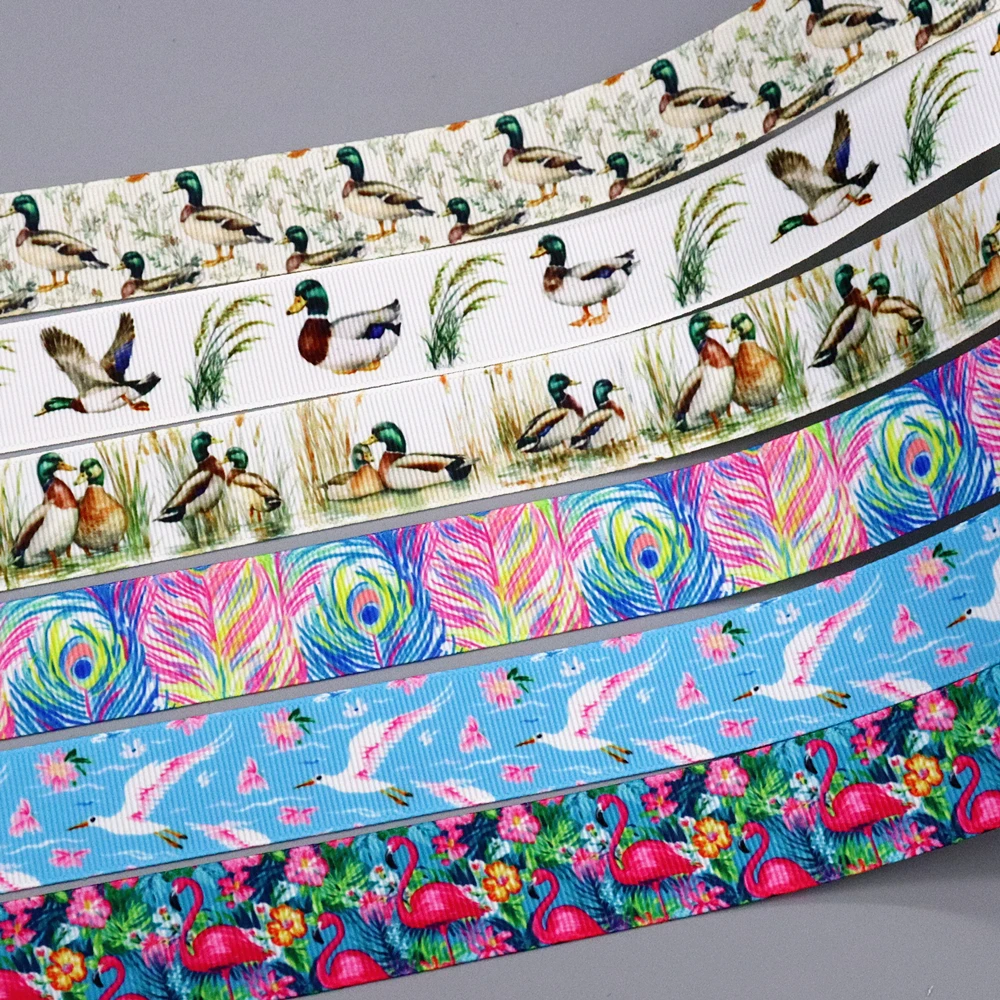 DHK 50 yardas de cinta de grosgrain con estampado de plumas de pato, flamencos y cigarras, accesorios para decoración de sombreros, cuellos, manualidades de costura DIY S2700