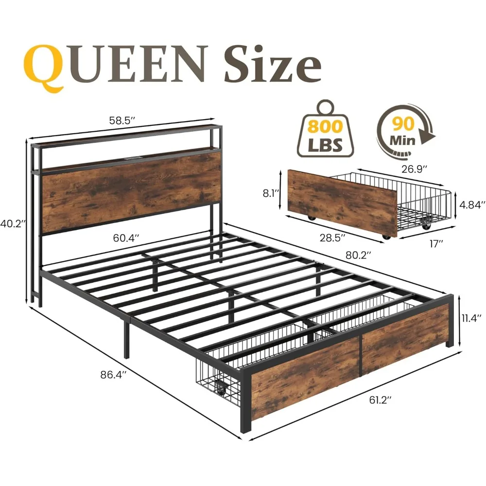 bedstead.Lifezone Queen Bed Frame with 2-Tier Storage Headboard, Metal Bed Frame with Storage Drawers Built-in Charging Station