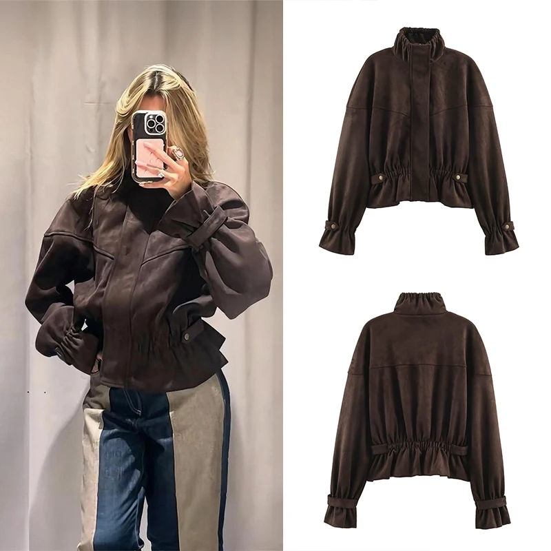 Guobioziy Women's Slim Suede Jacket 2026 Spring-Autumn Edition European Casual Fashion Trend Daily Retro Street Old Money Style
