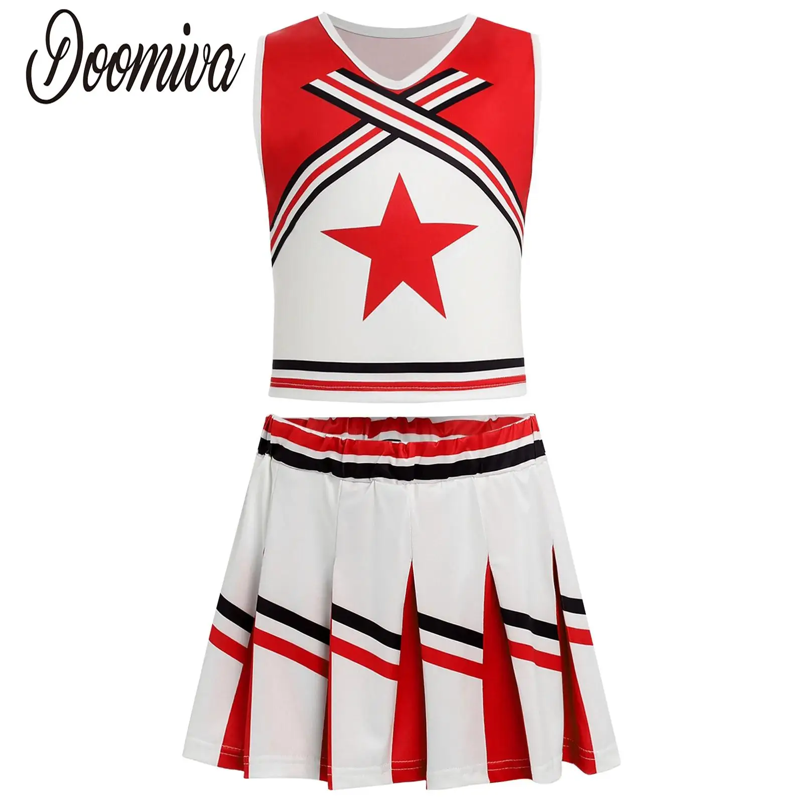 

Girls Tank Top Cheerleading Outfit Printing Cheer Leader Costumes for School Celebration Sports Meeting Set Role Playing Suit