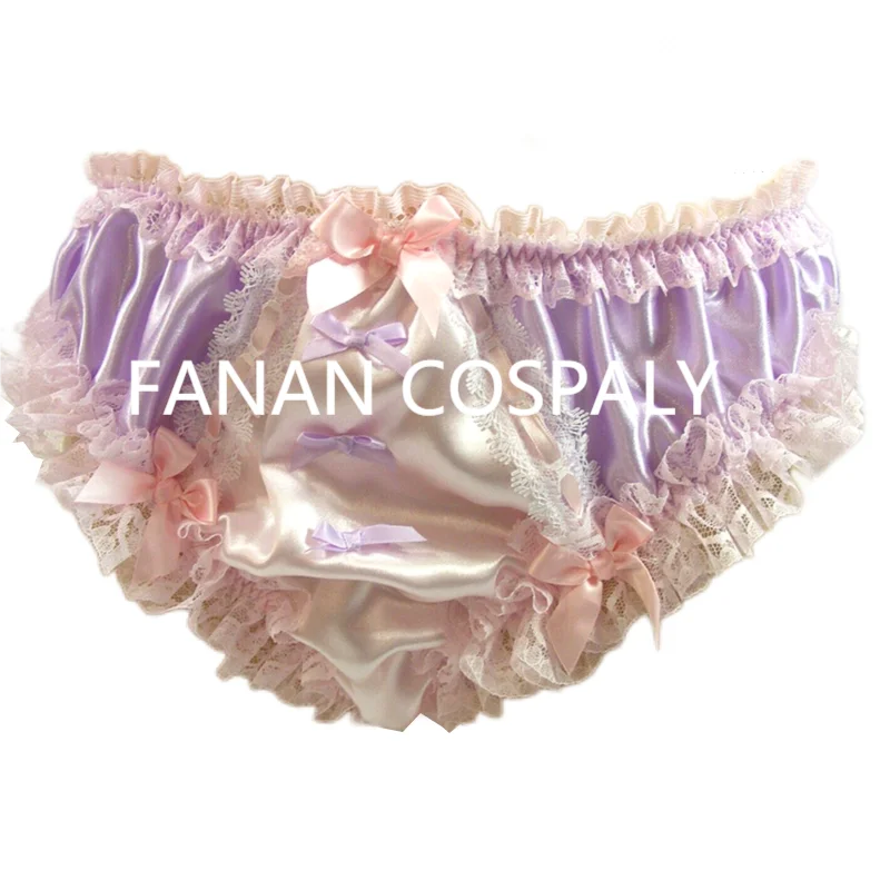 

Adult Giant Baby Sexy Girl Purple Thin Satin Pink Lace Trimmed Bow Tie Sissy Short Skirt Lining Maid Role-playing Customization