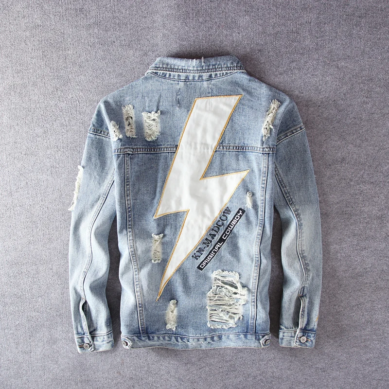 

Street Fashion Men Jacket High Quality Flash Embroidery Patched Ripped Denim Jacket Men Bomber Jacket Hip Hop Chaquetas Hombre