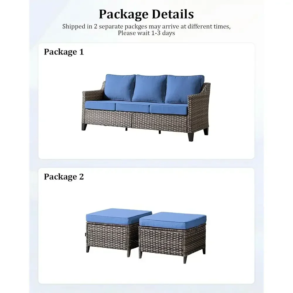 3-Piece Outdoor Furniture Set: Patio Sofa and Ottomans with High Back and Deep Seat for Garden, Deck, Porch, or Balcony in Blue