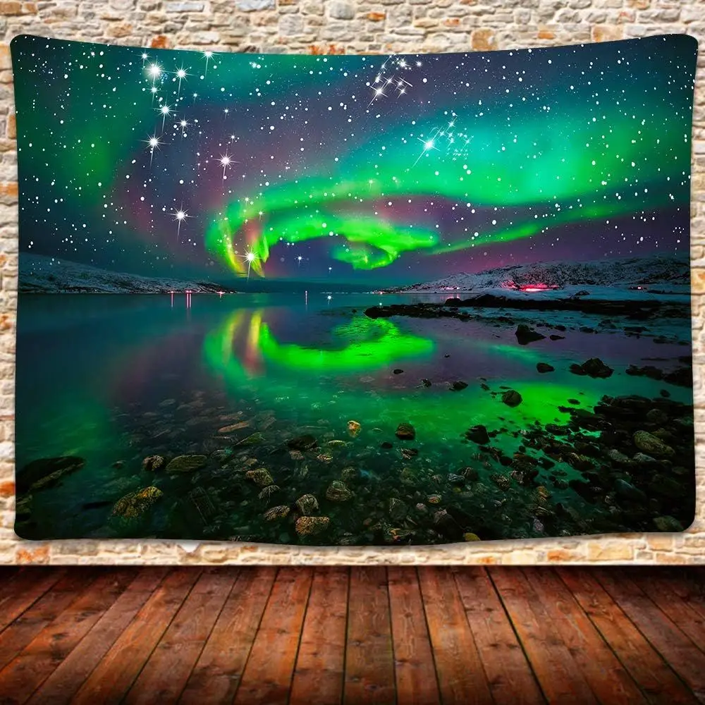 

Starry Night Aurora Borealis Tapestry, Lake Reflection Wall Hanging for Bedroom, Living Room, Dorm - 80x60 Inches