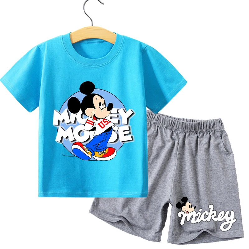 Disney Mickey Minnie Mouse Kids T-shirt Shorts Set Fashion Anime Tops Pants Suit Cute Print Boys Girls Clothes Short Sleeve Tees